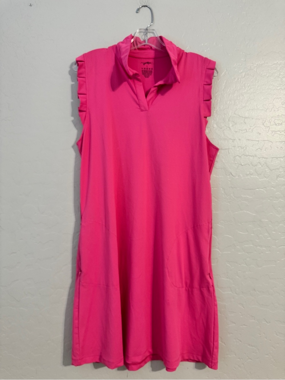 👗Gottex Pink Solid Shift Dress Collared Sleeveless Ruffle Stretch Knee L